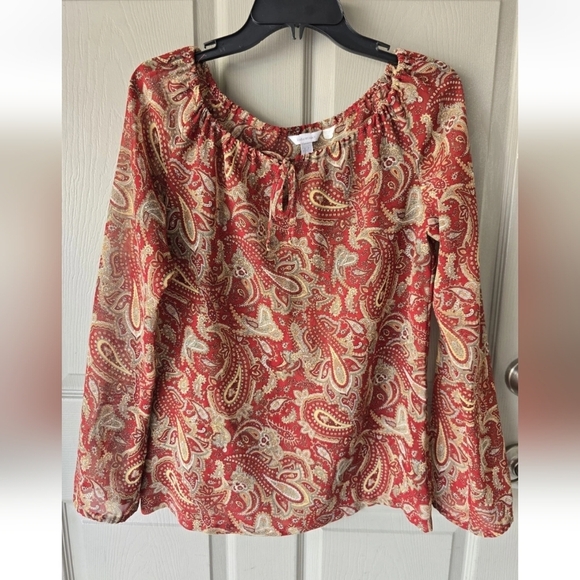 Zara Paisley Print Blouse Women Sz M Front Tie Cut Out Long Sleeve Lightweigh - Picture 8 of 9
